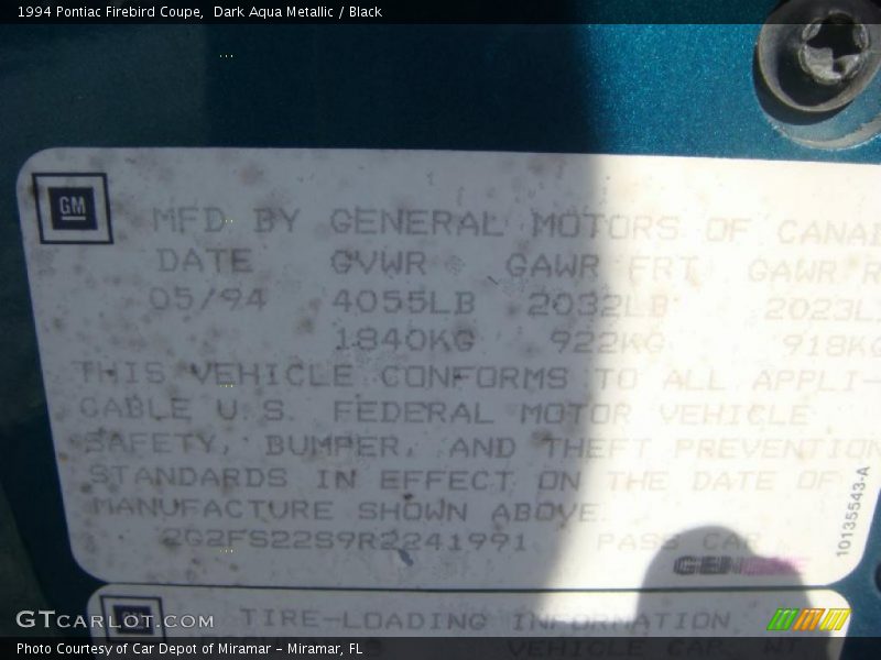 Dark Aqua Metallic / Black 1994 Pontiac Firebird Coupe