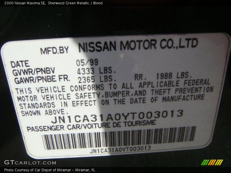 Sherwood Green Metallic / Blond 2000 Nissan Maxima SE