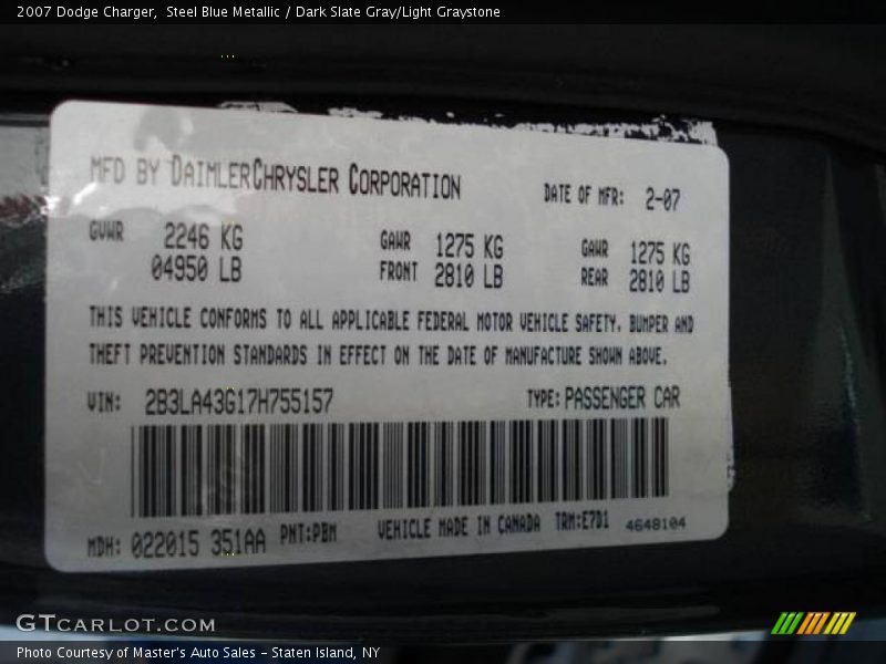 Steel Blue Metallic / Dark Slate Gray/Light Graystone 2007 Dodge Charger