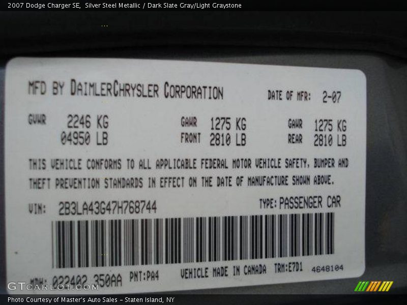 Silver Steel Metallic / Dark Slate Gray/Light Graystone 2007 Dodge Charger SE