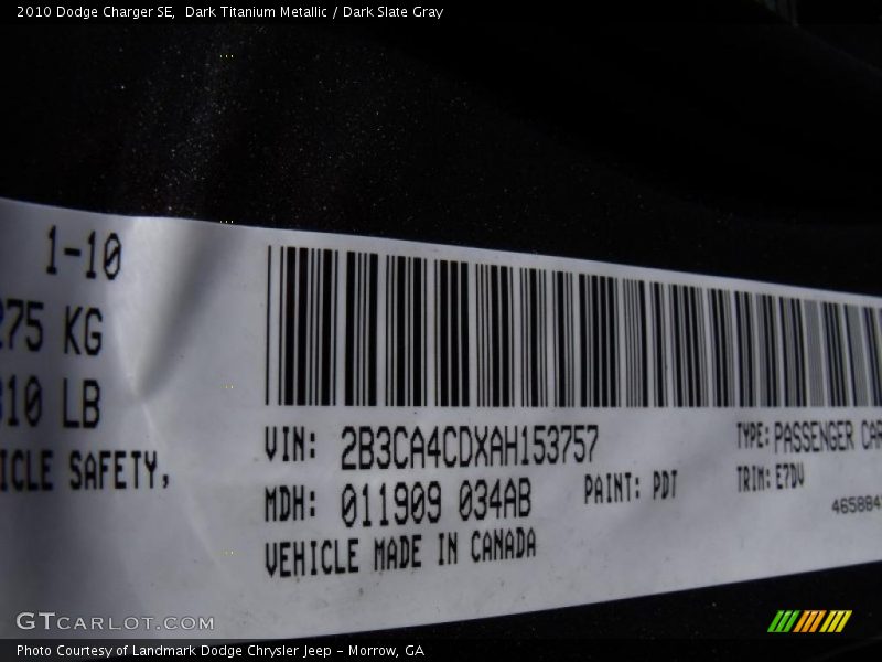 2010 Charger SE Dark Titanium Metallic Color Code PDT