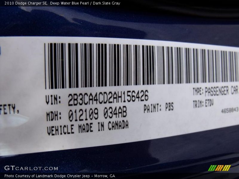 Deep Water Blue Pearl / Dark Slate Gray 2010 Dodge Charger SE
