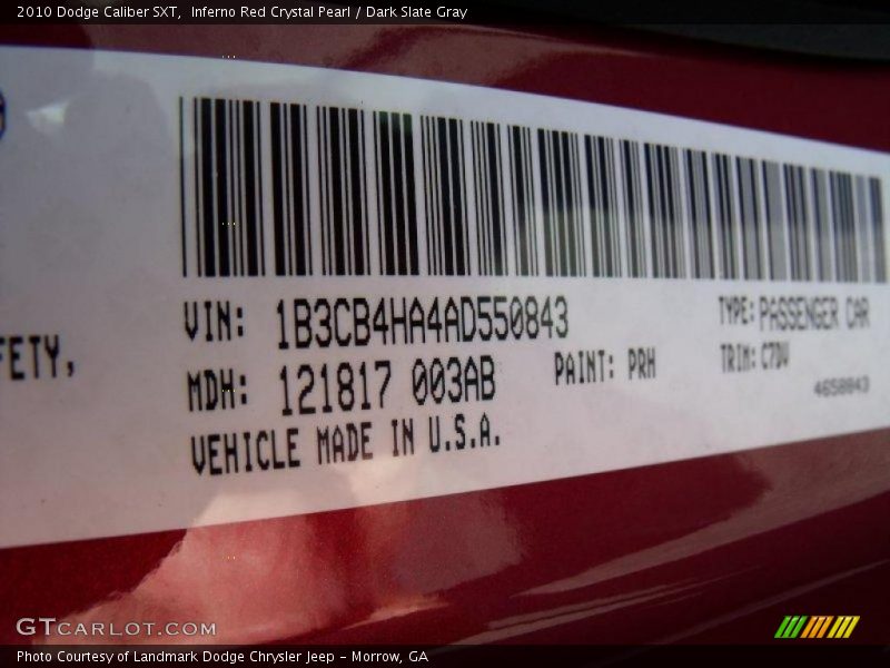 2010 Caliber SXT Inferno Red Crystal Pearl Color Code PRH