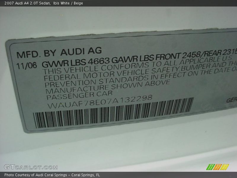 Ibis White / Beige 2007 Audi A4 2.0T Sedan