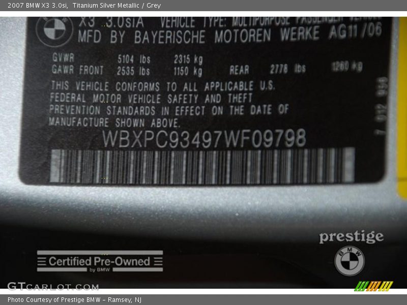 Titanium Silver Metallic / Grey 2007 BMW X3 3.0si