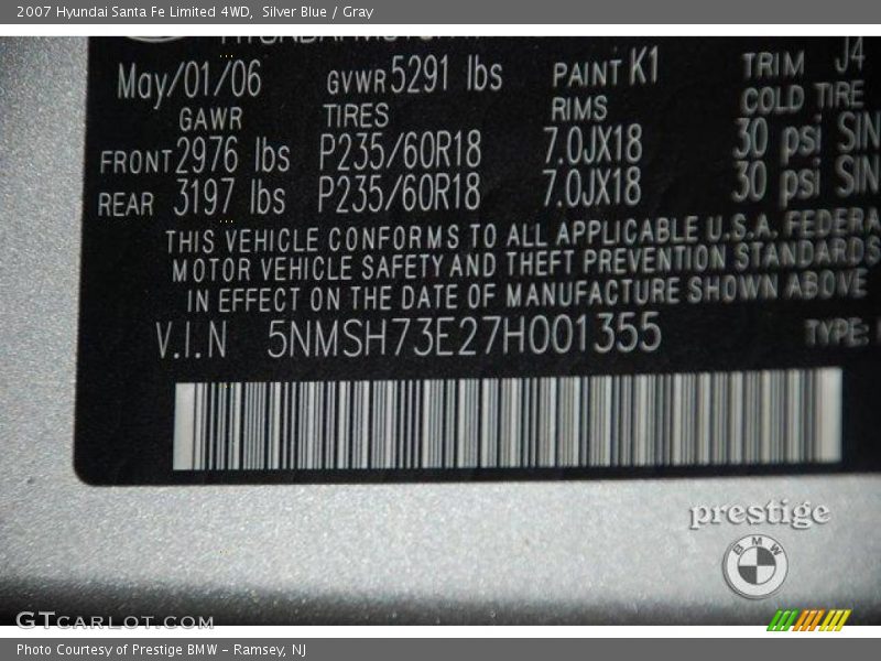 Silver Blue / Gray 2007 Hyundai Santa Fe Limited 4WD