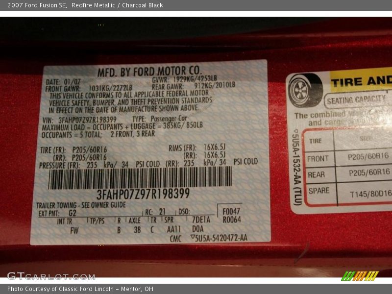 Redfire Metallic / Charcoal Black 2007 Ford Fusion SE