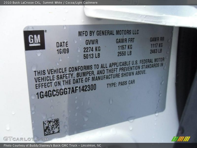 Summit White / Cocoa/Light Cashmere 2010 Buick LaCrosse CXL