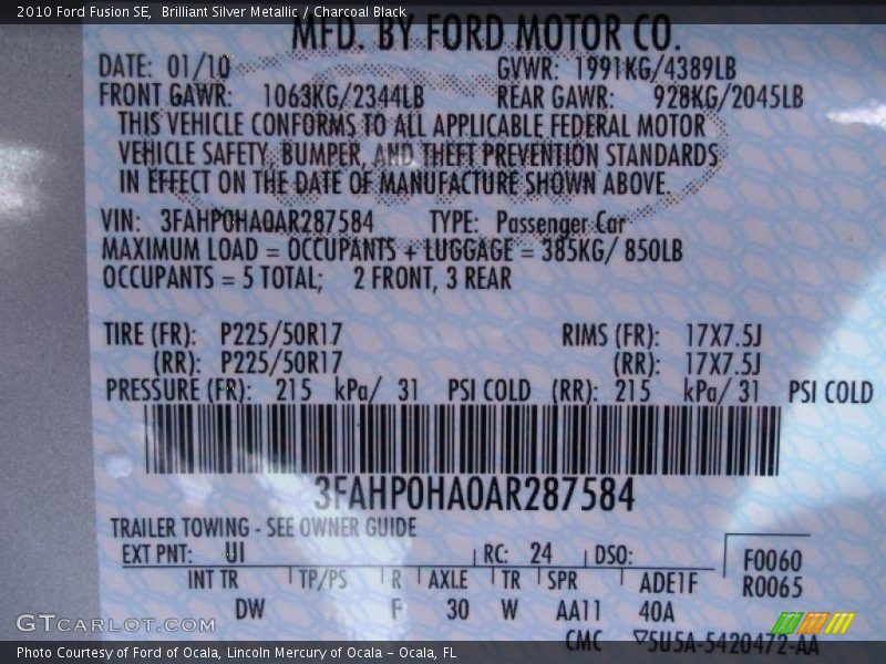 Brilliant Silver Metallic / Charcoal Black 2010 Ford Fusion SE