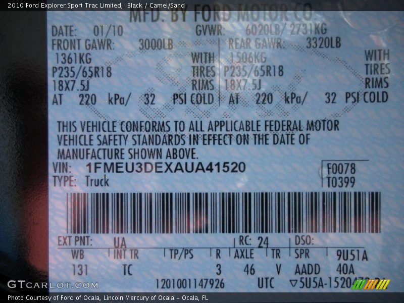 Black / Camel/Sand 2010 Ford Explorer Sport Trac Limited