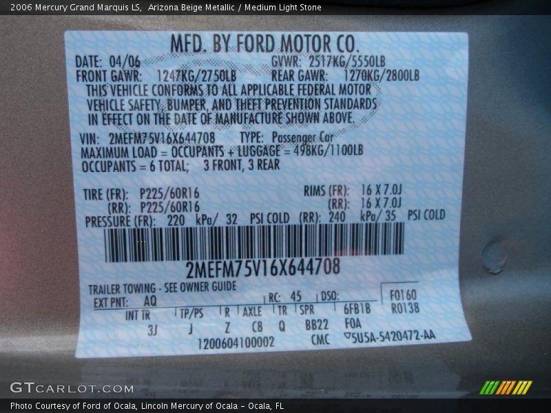 Arizona Beige Metallic / Medium Light Stone 2006 Mercury Grand Marquis LS