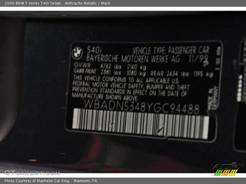 Anthracite Metallic / Black 2000 BMW 5 Series 540i Sedan