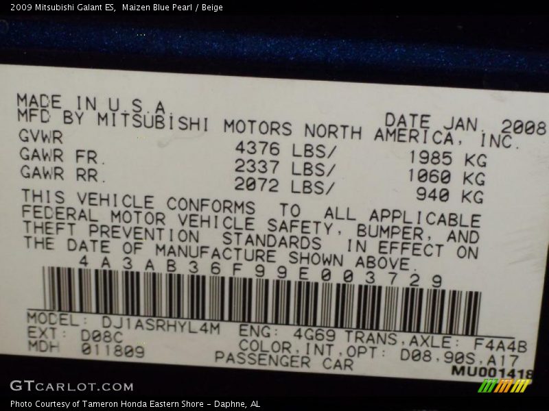 Maizen Blue Pearl / Beige 2009 Mitsubishi Galant ES