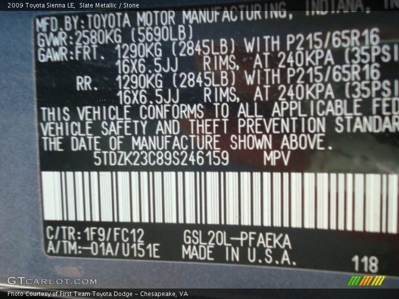 Slate Metallic / Stone 2009 Toyota Sienna LE