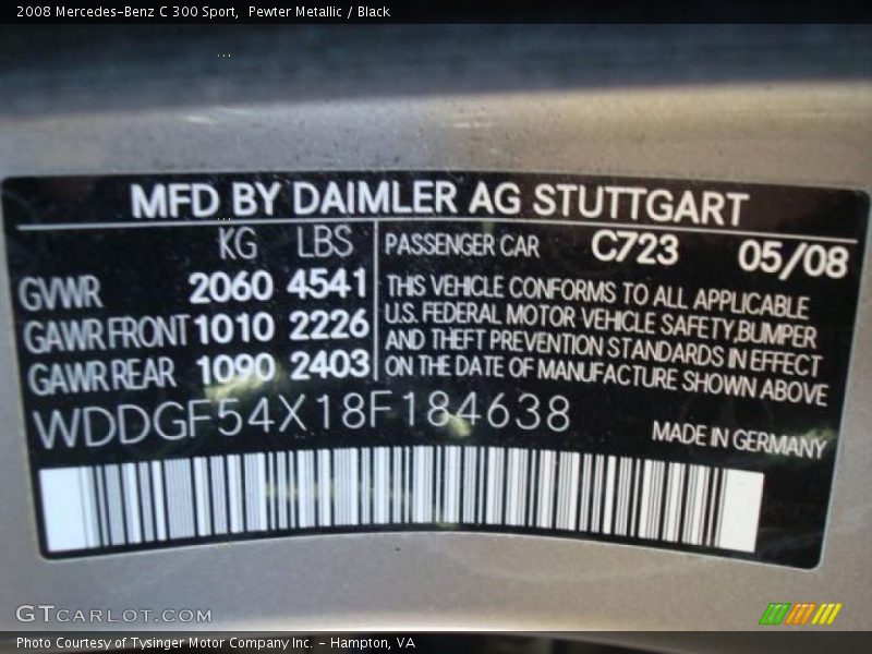 Pewter Metallic / Black 2008 Mercedes-Benz C 300 Sport