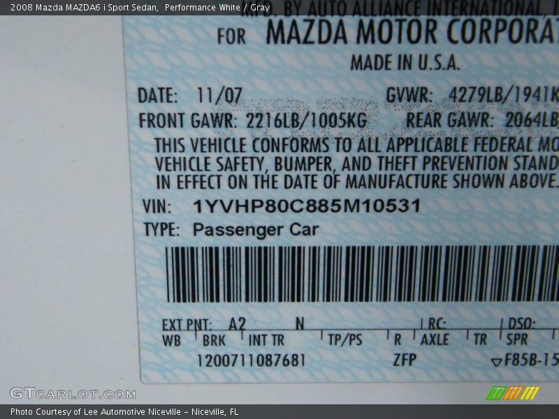 Performance White / Gray 2008 Mazda MAZDA6 i Sport Sedan