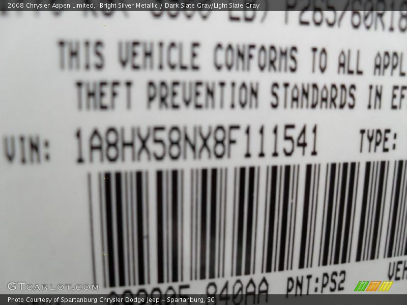 Bright Silver Metallic / Dark Slate Gray/Light Slate Gray 2008 Chrysler Aspen Limited