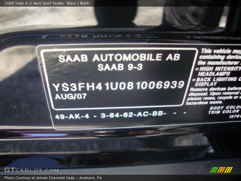 Black / Black 2008 Saab 9-3 Aero Sport Sedan