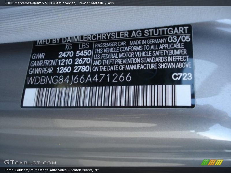 Pewter Metallic / Ash 2006 Mercedes-Benz S 500 4Matic Sedan