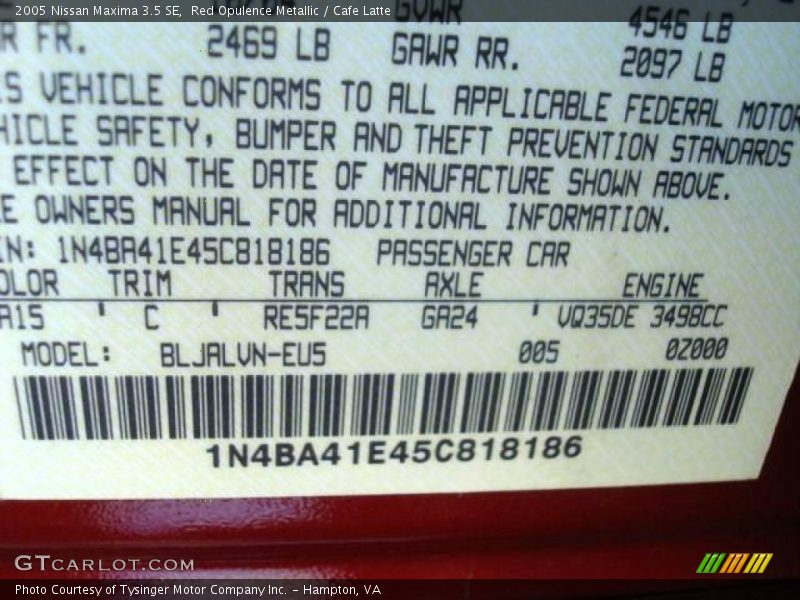 Red Opulence Metallic / Cafe Latte 2005 Nissan Maxima 3.5 SE