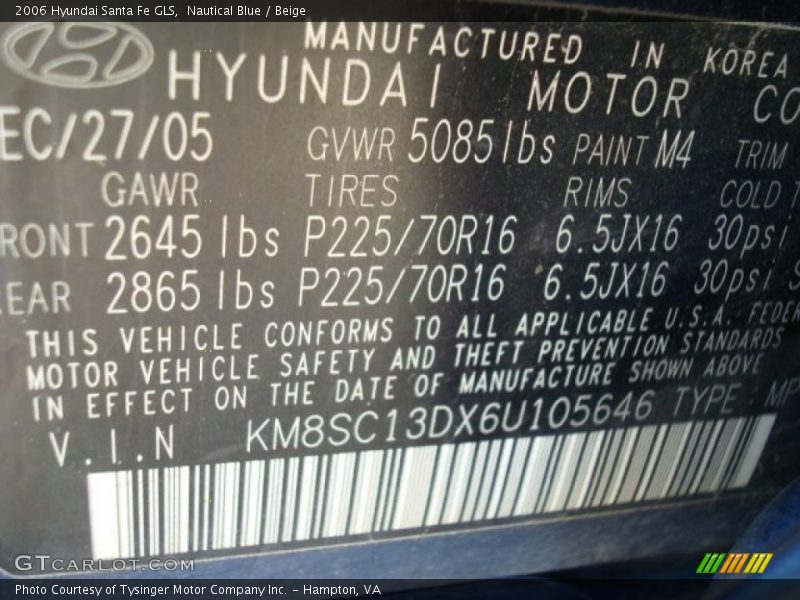 Nautical Blue / Beige 2006 Hyundai Santa Fe GLS