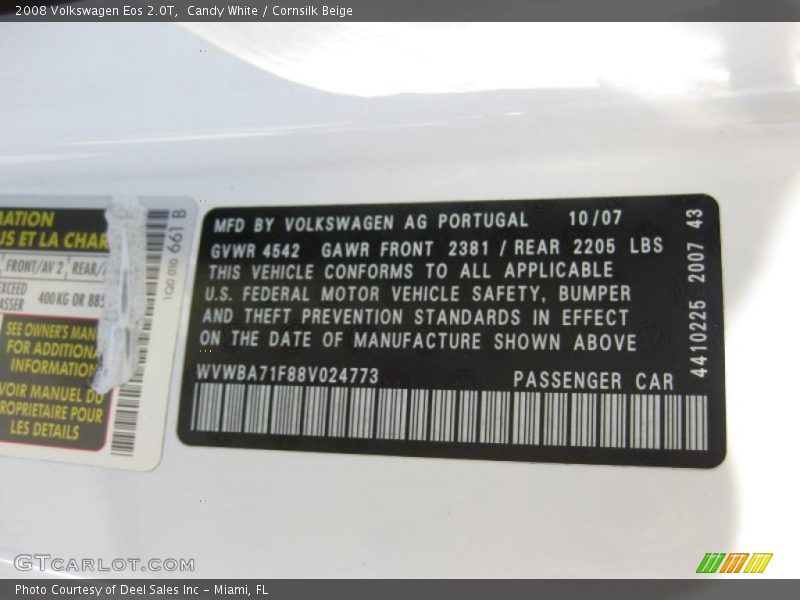 Candy White / Cornsilk Beige 2008 Volkswagen Eos 2.0T