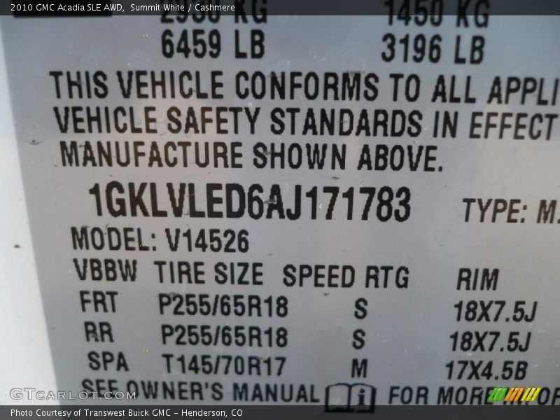 Summit White / Cashmere 2010 GMC Acadia SLE AWD