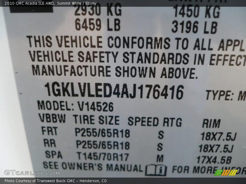 Summit White / Ebony 2010 GMC Acadia SLE AWD