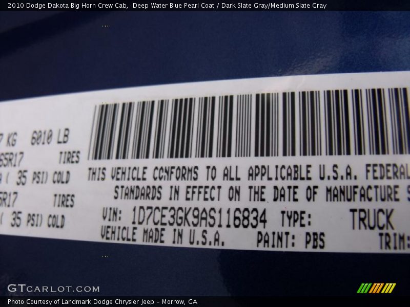 Deep Water Blue Pearl Coat / Dark Slate Gray/Medium Slate Gray 2010 Dodge Dakota Big Horn Crew Cab