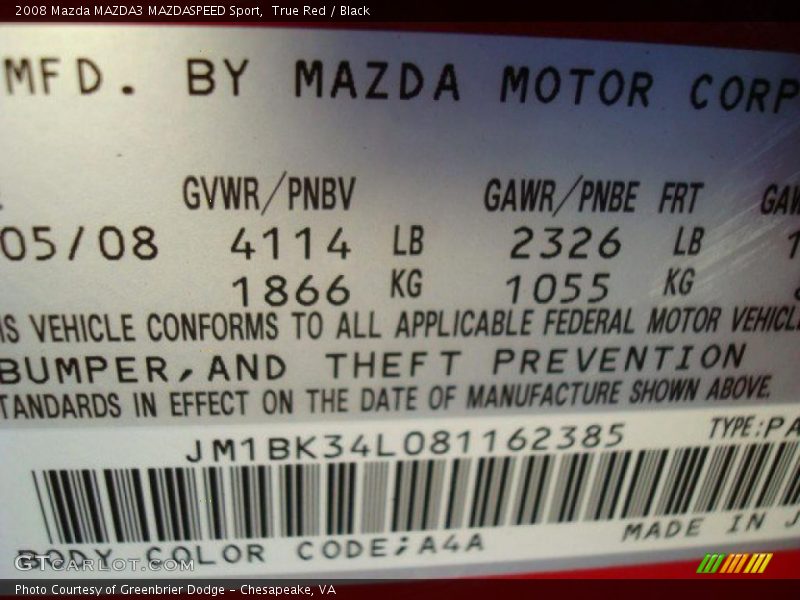 True Red / Black 2008 Mazda MAZDA3 MAZDASPEED Sport