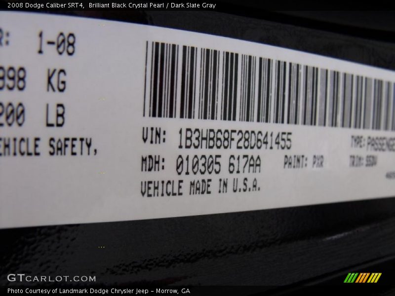 Brilliant Black Crystal Pearl / Dark Slate Gray 2008 Dodge Caliber SRT4