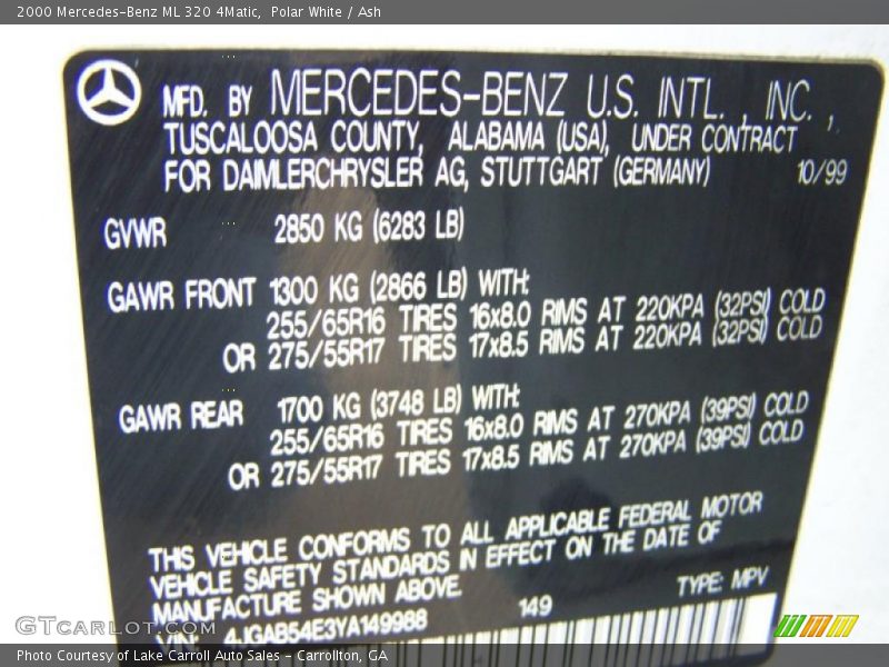 Polar White / Ash 2000 Mercedes-Benz ML 320 4Matic