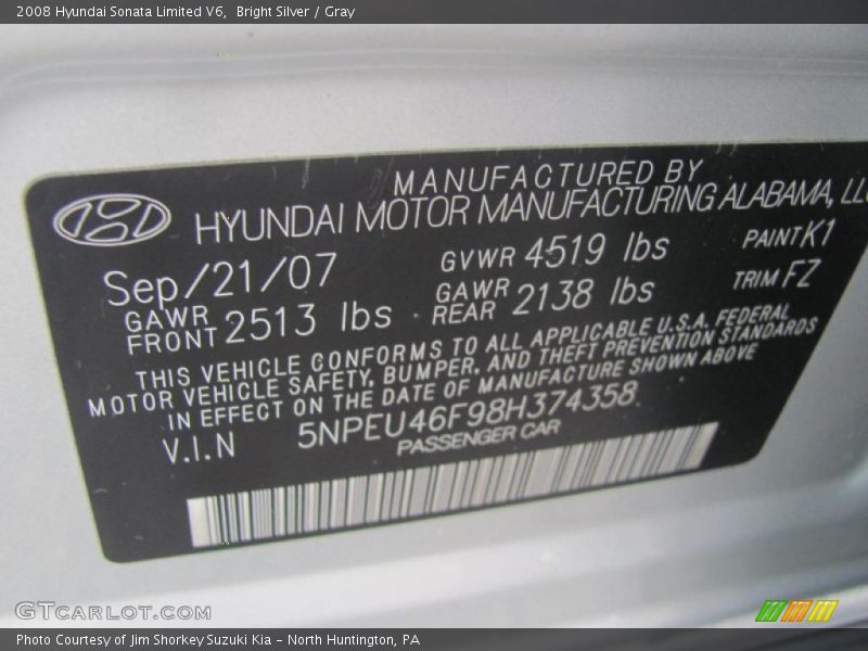 Bright Silver / Gray 2008 Hyundai Sonata Limited V6