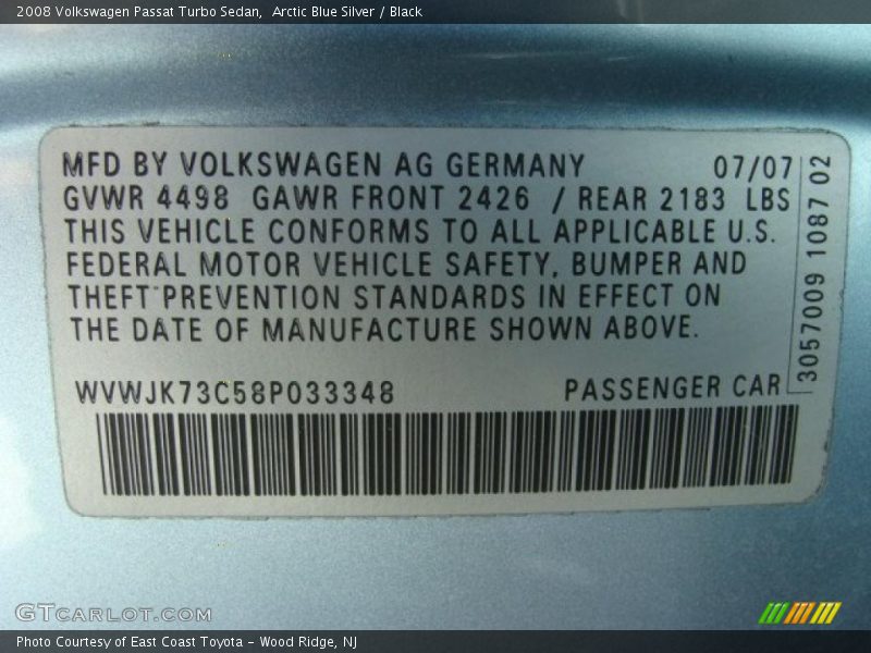 Arctic Blue Silver / Black 2008 Volkswagen Passat Turbo Sedan