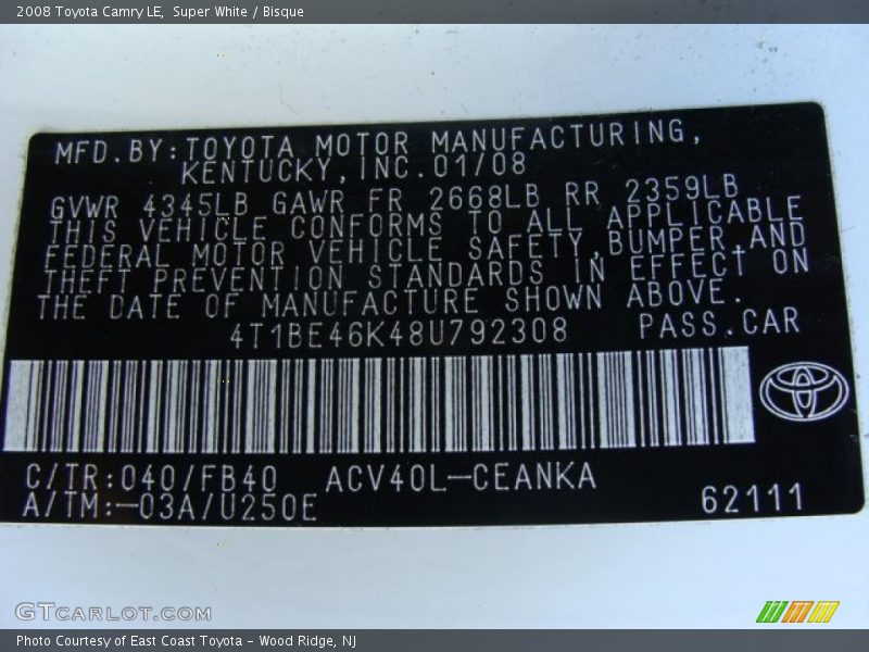 Super White / Bisque 2008 Toyota Camry LE