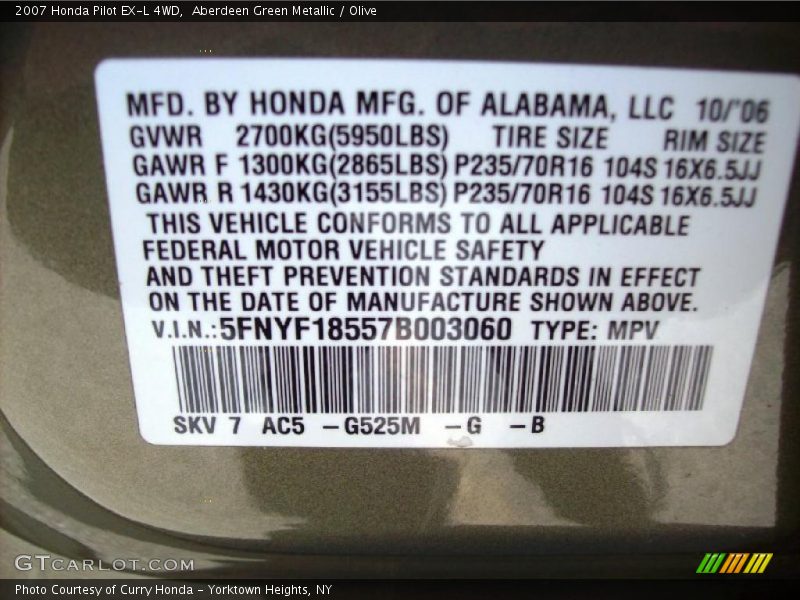 Aberdeen Green Metallic / Olive 2007 Honda Pilot EX-L 4WD