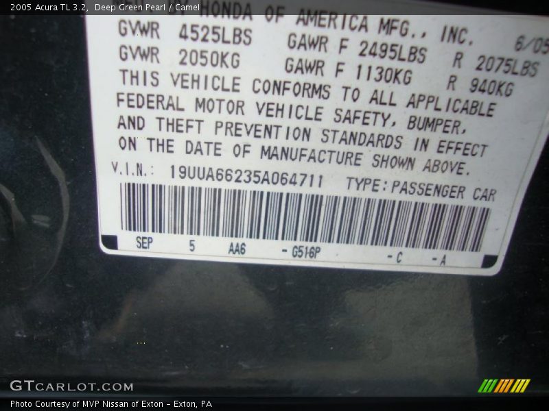 Deep Green Pearl / Camel 2005 Acura TL 3.2