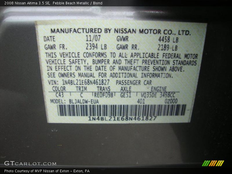 Pebble Beach Metallic / Blond 2008 Nissan Altima 3.5 SE