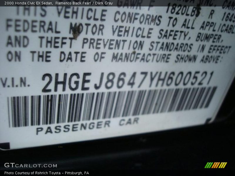 Flamenco Black Pearl / Dark Gray 2000 Honda Civic EX Sedan