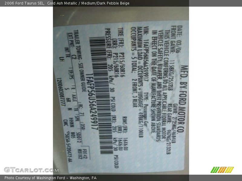 Gold Ash Metallic / Medium/Dark Pebble Beige 2006 Ford Taurus SEL