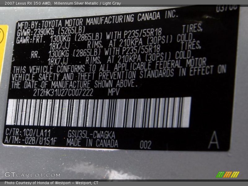 Millennium Silver Metallic / Light Gray 2007 Lexus RX 350 AWD