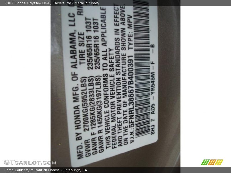 Desert Rock Metallic / Ivory 2007 Honda Odyssey EX-L