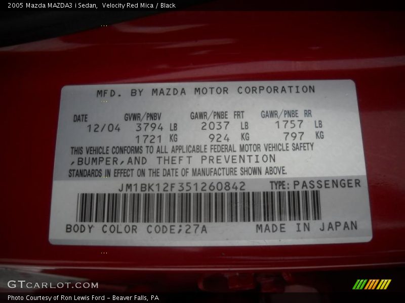 Velocity Red Mica / Black 2005 Mazda MAZDA3 i Sedan