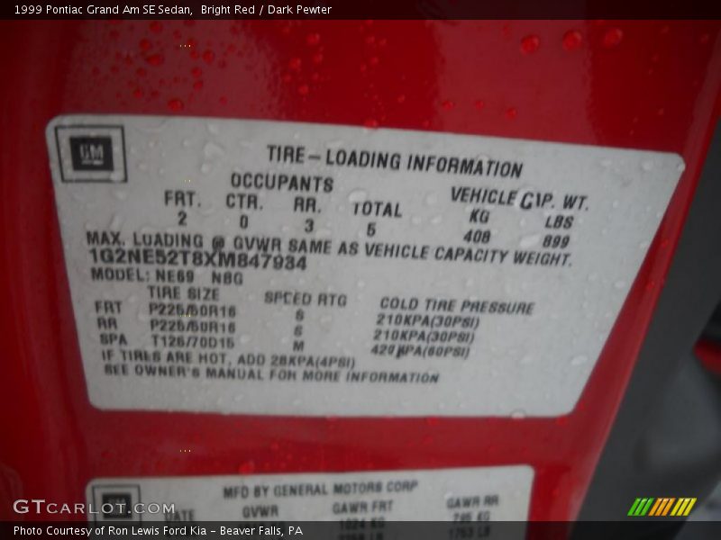 Bright Red / Dark Pewter 1999 Pontiac Grand Am SE Sedan