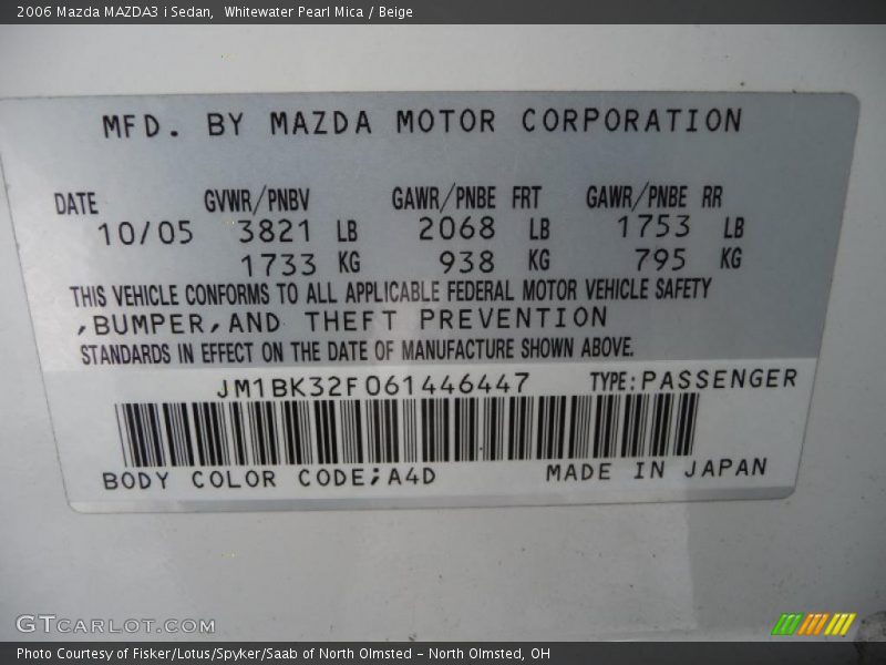 Whitewater Pearl Mica / Beige 2006 Mazda MAZDA3 i Sedan