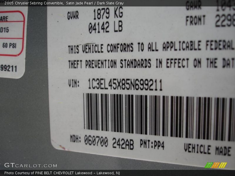 Satin Jade Pearl / Dark Slate Gray 2005 Chrysler Sebring Convertible
