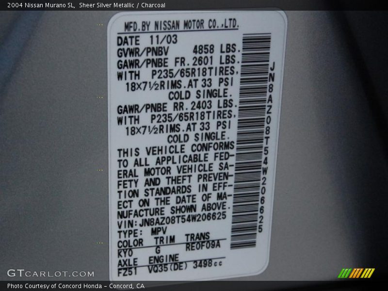 Sheer Silver Metallic / Charcoal 2004 Nissan Murano SL