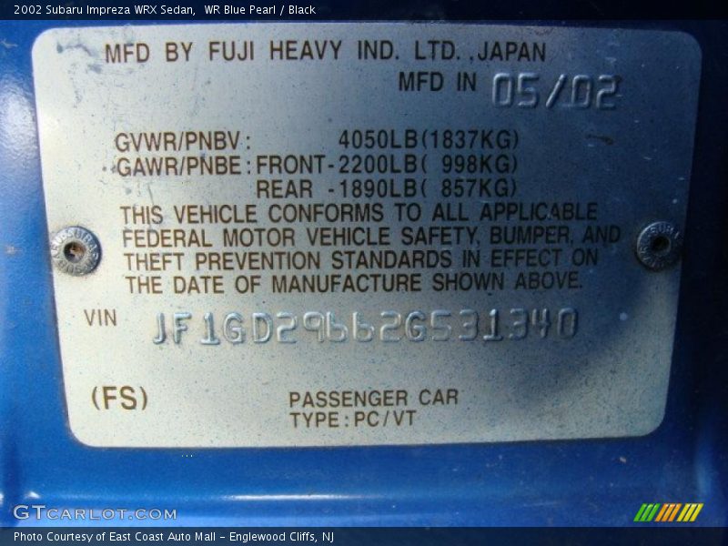 WR Blue Pearl / Black 2002 Subaru Impreza WRX Sedan