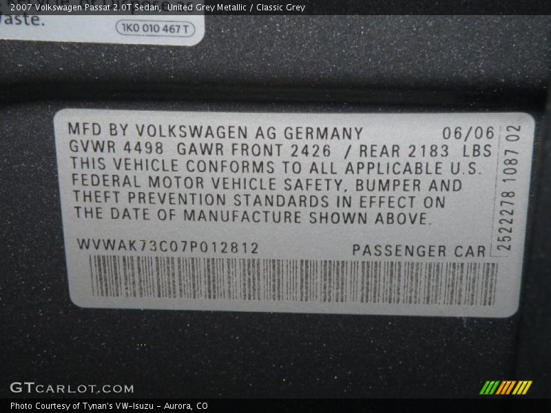 United Grey Metallic / Classic Grey 2007 Volkswagen Passat 2.0T Sedan
