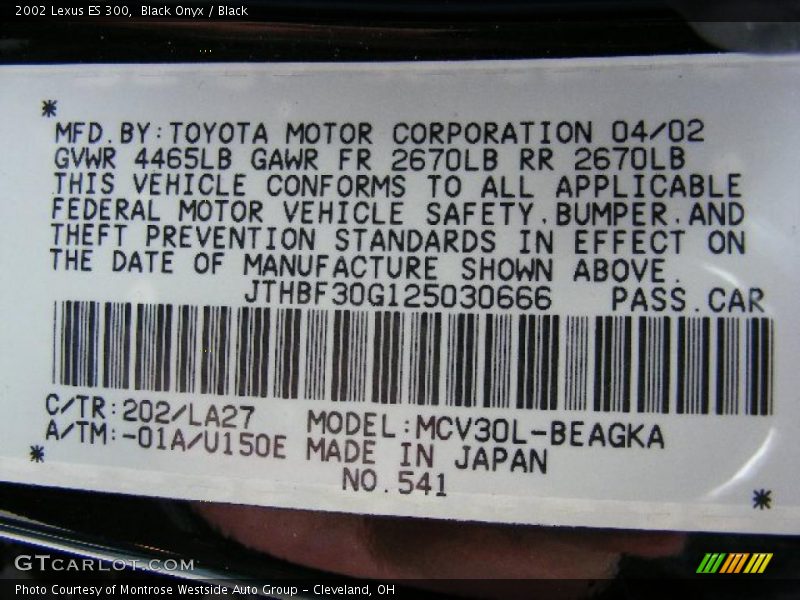 Black Onyx / Black 2002 Lexus ES 300